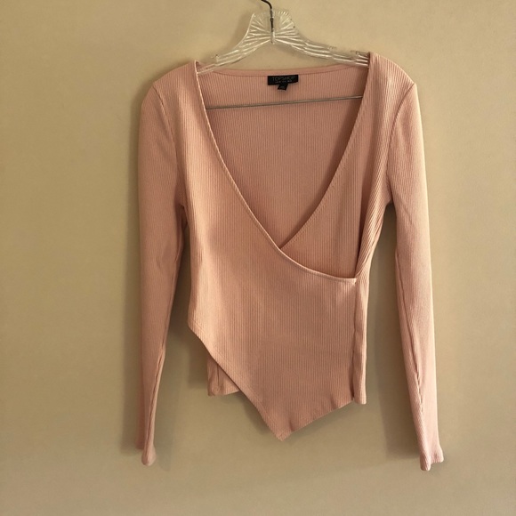 Topshop Tops - Topshop Asymmetric Dusty Pink Ribbed Wrap Top